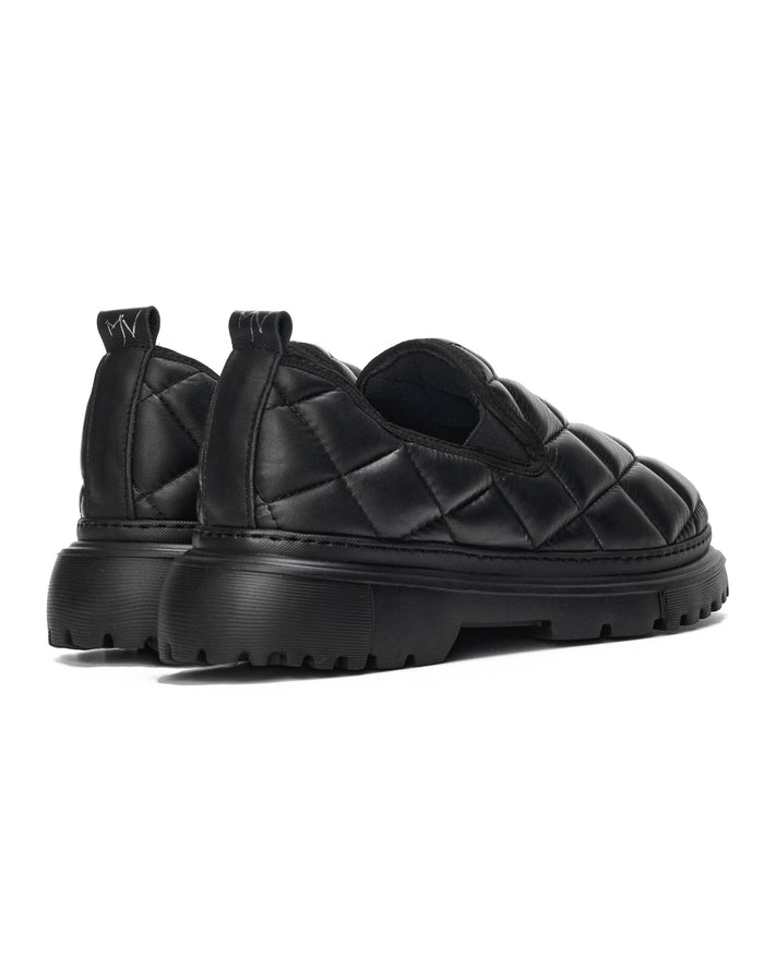 Martin Valen Bold Capitone black shoes rear close-up showing quilted upper, chunky sole and heel pull tab