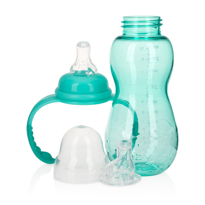 The Bottle-to-Cup Standard Neck Bottle is a transparent plastic baby bottle with a turquoise handle and cap, soft silicone nipple, anti-colic valve, and separate translucent cover, shown on a white background.