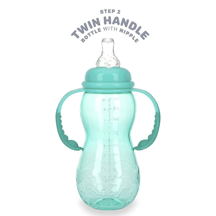 A translucent turquoise Bottle-to-Cup Standard Neck Bottle with a soft silicone nipple, anti-colic valve, two side handles, measurement markings, and a curved design. Text above: Step 2 Twin Handle Bottle With Nipple.