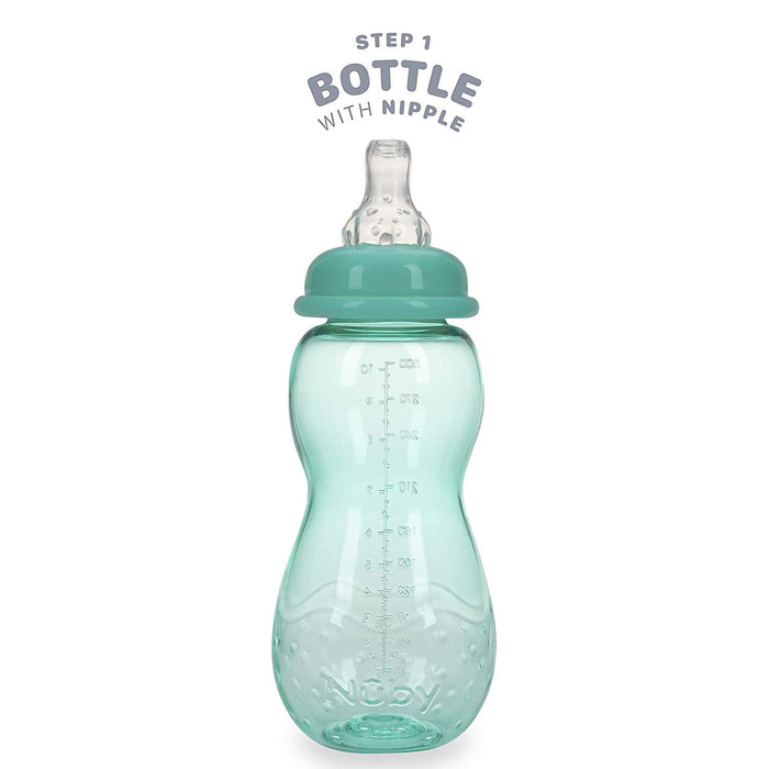 A translucent light green Bottle-to-Cup Standard Neck Bottle with a soft silicone nipple, measurement markings, easy-grip contoured shape, and anti-colic valve to reduce discomfort. Text above reads Step 1 Bottle with Nipple.