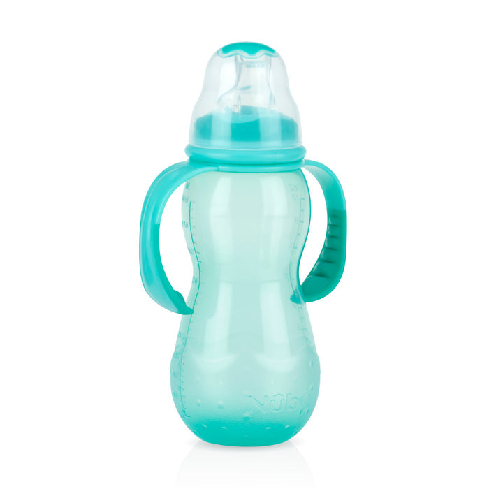The Bottle-to-Cup Standard Neck Bottle, a turquoise baby sippy cup with dual handles, contoured body, anti-colic valve, and translucent cap, is displayed on a white background.