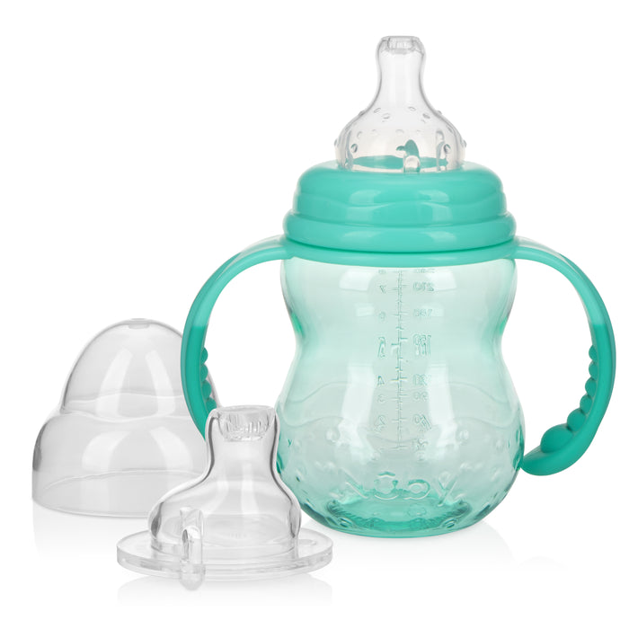 The Bottle-to-Cup Wide Neck Bottle is a teal and clear sippy cup with two side handles, measuring lines, a silicone no-spill spout, two interchangeable spouts, and a clear cap shown beside it.
