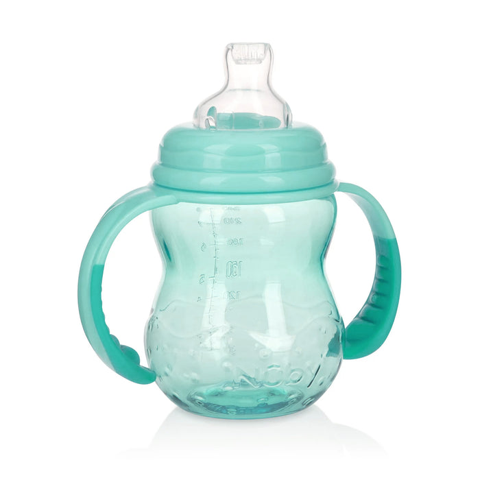 The Bottle-to-Cup Wide Neck Bottle is a translucent turquoise sippy cup with two easy-grip handles and a clear, no-spill spout—ideal for smooth bottle-to-cup transitions.