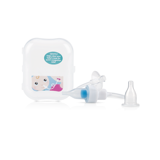 The Breathe-eez Nasal Aspirator includes a clear case with a cartoon baby, blue filter, silicone nozzle for baby congestion relief, and comes with an extra nozzle shown beside the case.