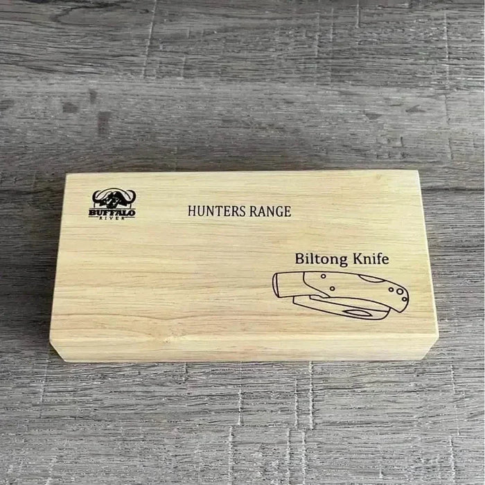 Buffalo River Biltong Tjom Knife with sharp curved stainless steel blade and sturdy laminate wood handle for slicing biltong