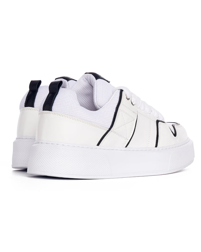 Martin Valen chunky white sneakers with black line, rear close-up showing padded collar and platform sole