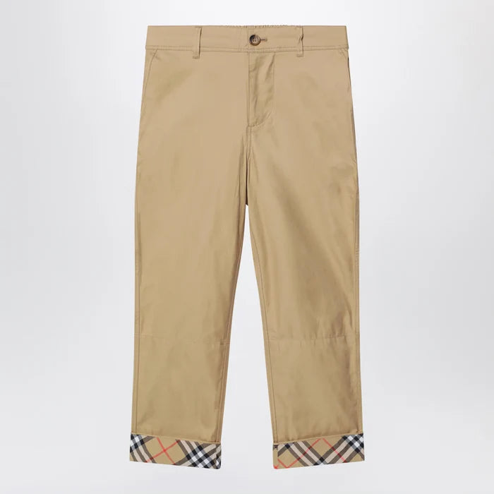 Burberry - Beige cuffed trousers with Check motif Brand Apparel & Accessories > Clothing > Pants 8Y