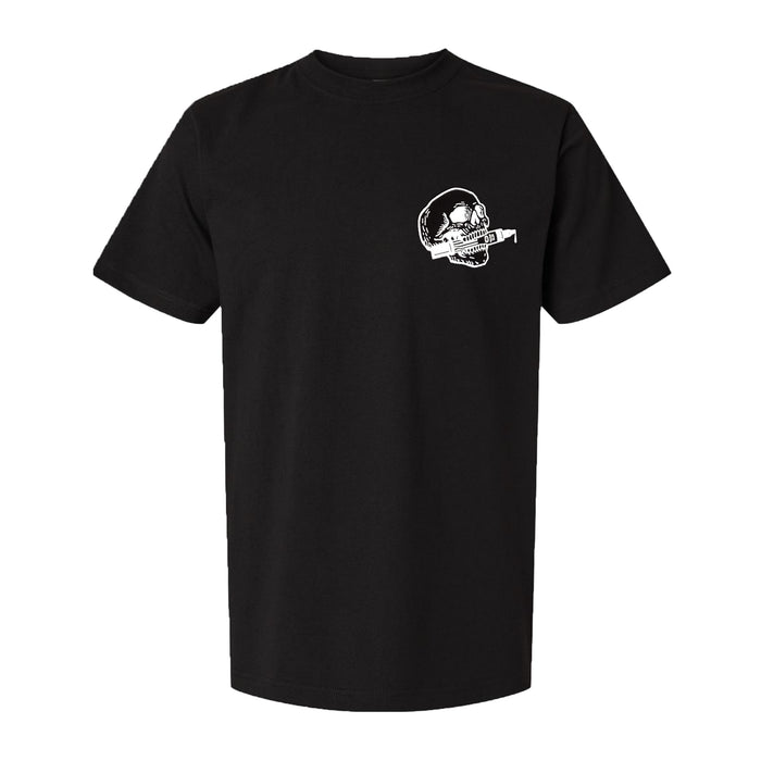 Black shirt with white print of a skull and pilot marker