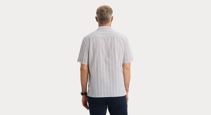 Back view of model wearing Lamartine Camp Collar Shirt, Regular Fit.