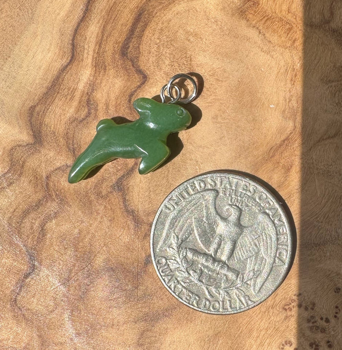 A small green carved animal-shaped charm or pendant with a metal loop at the top, placed on a wood surface next to a U.S.