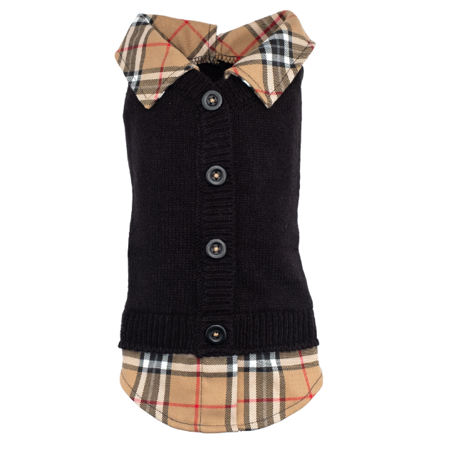 BLACK-BEIGE-PLAID-TWO-FER-DOG-CARDIGAN