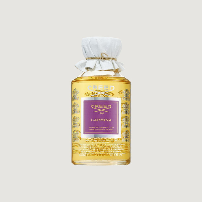 Creed Carmina 240ml Flacon with Gold Engraved Glass and White Leather Cap - Front View | Creed Fragrances