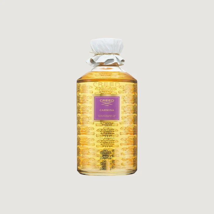 Creed Carmina 980ml Grand Format Flacon with Gold Etched Glass and White Leather Stopper - Front View | Creed Fragrances