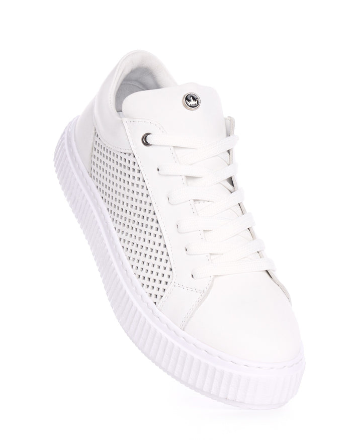 Martin Valen white sneaker right profile on white background showing square mesh perforations and thick sole