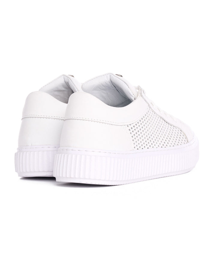 Martin Valen white leather mesh sneakers, close rear view showing heel collar and ribbed platform sole