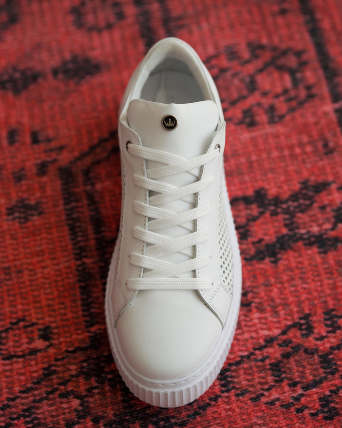 Martin Valen white leather mesh sneakers, top-down view of the vamp showing crown metal eyelet and ribbed sole edge