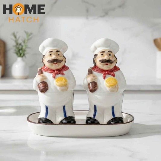 Chef Duo Ceramic Salt And Pepper Shaker Set with Tray