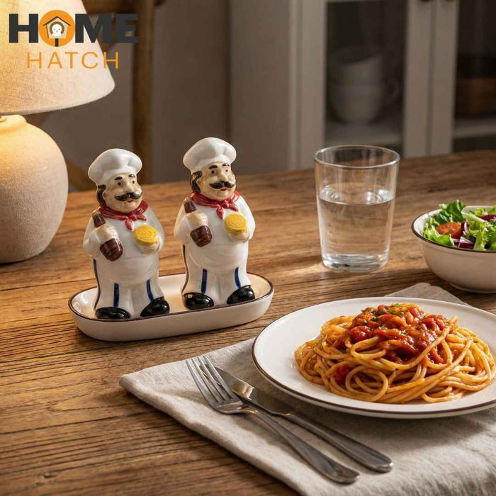 Chef Duo Ceramic Salt And Pepper Shaker Set with Tray