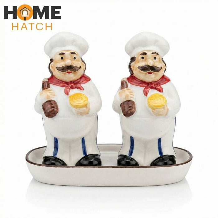 Chef Duo Ceramic Salt And Pepper Shaker Set with Tray