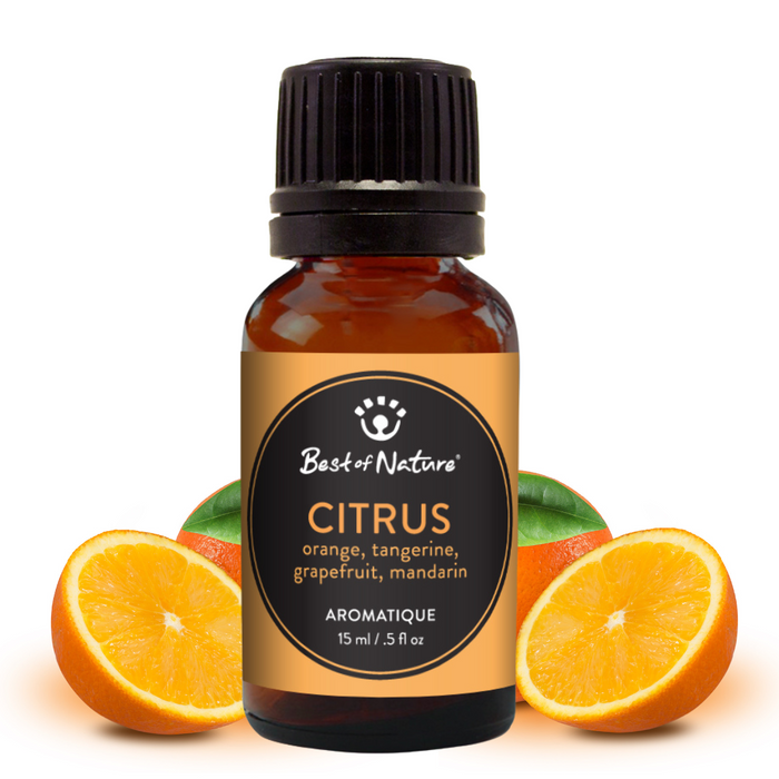 Bottle of Best of Nature Citrus essential oil with oranges on a white background