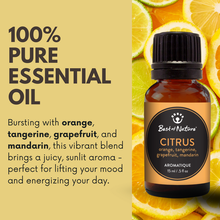Bottle of Citrus essential oil with lemon slices on a yellow background