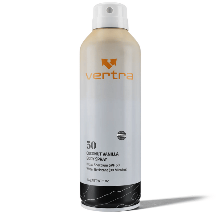 A sleek aerosol can of Coconut Vanilla Sunscreen Body Spray SPF 50 | Vertra with gold and white gradient, featuring broad spectrum SPF 50 protection and water resistance for skincare.