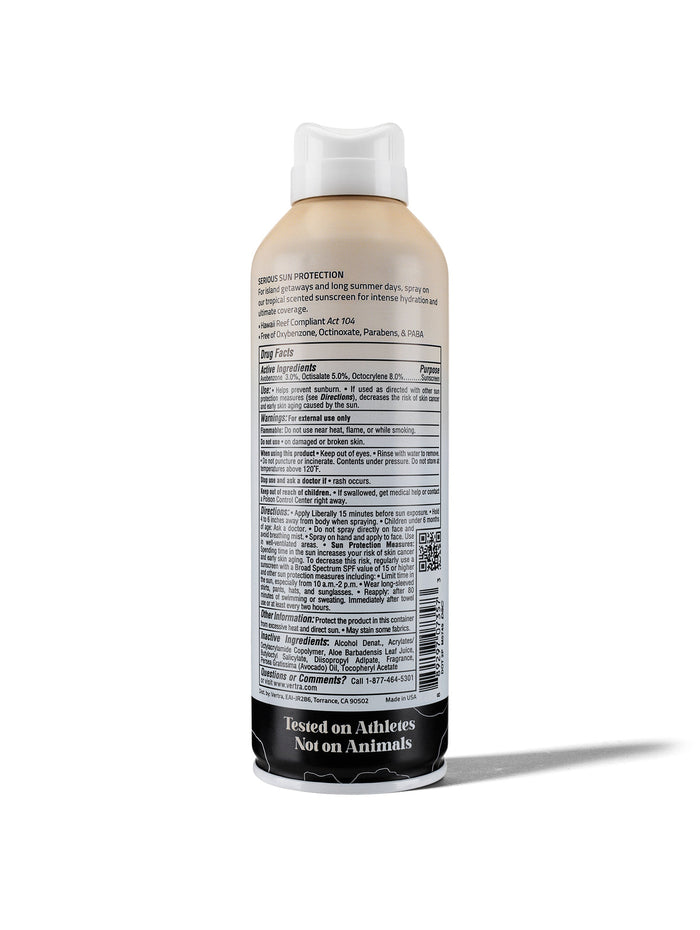 Back view of Coconut Vanilla Sunscreen Body Spray SPF 50 | Vertra showing detailed usage instructions, active ingredients, safety warnings, and cruelty-free testing statement on the label.