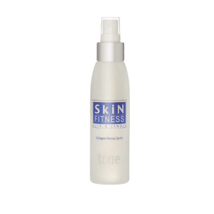 Bottle of Collagen Fitness Spritz | Skin Fitness Therapy with a spray nozzle and blue label, designed for skincare and wellness supplements.