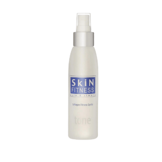 Bottle of Collagen Fitness Spritz | Skin Fitness Therapy with a spray nozzle and blue label, designed for skincare and wellness supplements.