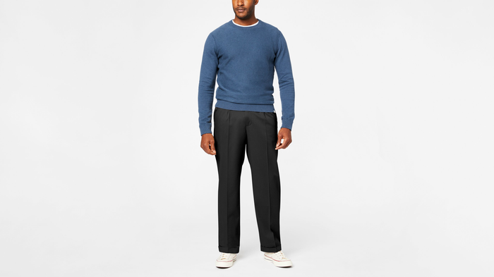Front view of model wearing Black Metal Comfort Khakis, Pleated, Relaxed Fit.