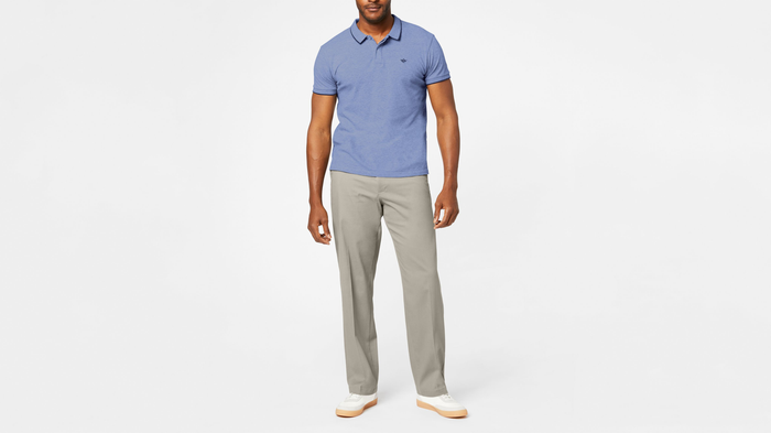 Front view of model wearing Porcelain Khaki Comfort Khakis, Relaxed Fit.