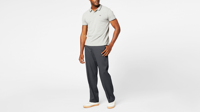Front view of model wearing Charcoal Comfort Khakis, Relaxed Fit.