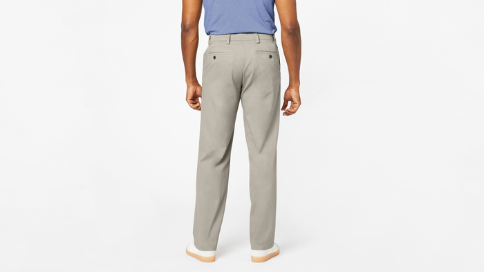 Back view of model wearing Porcelain Khaki Comfort Khakis, Relaxed Fit.