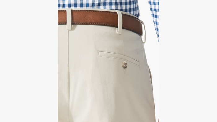 View of model wearing Porcelain Khaki Comfort Khakis, Relaxed Fit.