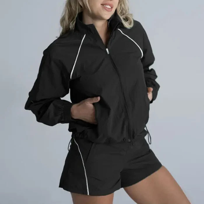 Contrasted color Full zipper jacket + shorts 2-Piece Set