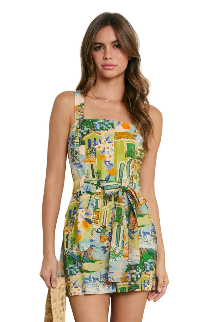 Conversational Button Up Romper - Caribbean Blues