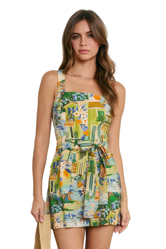 Conversational Button Up Romper - Caribbean Blues