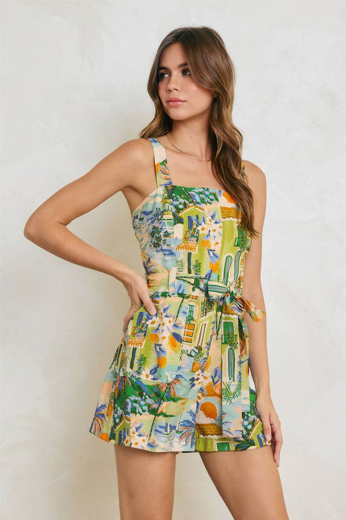Conversational Button Up Romper - Caribbean Blues