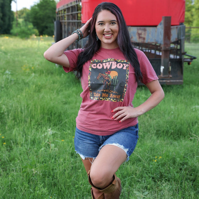 FestiviTees Women - Apparel - Shirts - T-Shirts Cowboy Take Me Away Leopard Border Soft Graphic Tee
