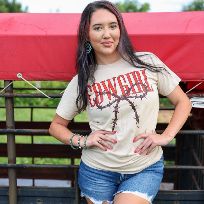 FestiviTees Women - Apparel - Shirts - T-Shirts Cowgirl Barbed Wire Bow Western Tee Soft Graphic Tee