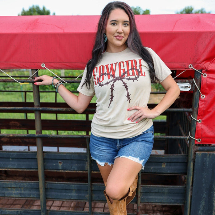 FestiviTees Women - Apparel - Shirts - T-Shirts Cowgirl Barbed Wire Bow Western Tee Soft Graphic Tee