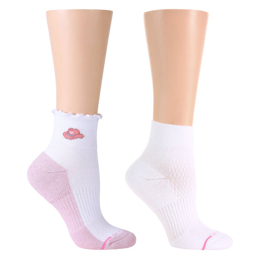Quarter compression socks featuring a lettuce edge and a pink flower design on one sock.