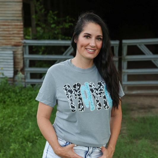 Cowprint and Turquoise Mama Graphic Tee