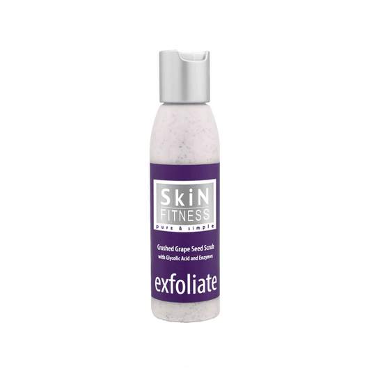 Bottle of Crushed Grapeseed Scrub | Skin Fitness Therapy featuring exfoliating formula with glycolic acid and enzymes for gentle skincare and body care.