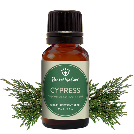 Bottle of Cypress essential oil with a green label on a white background