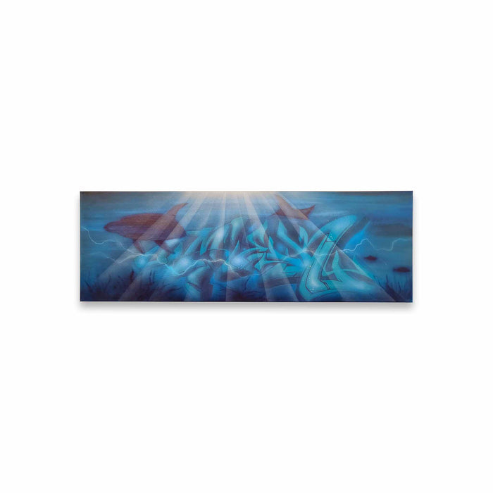 Artistic painting of graffiti letters underwater with sunlight filtering through.