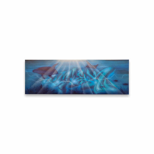 Artistic painting of graffiti letters underwater with sunlight filtering through.