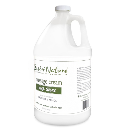 Gallon container of 'Best of Nature' deep tissue massage cream on a white background