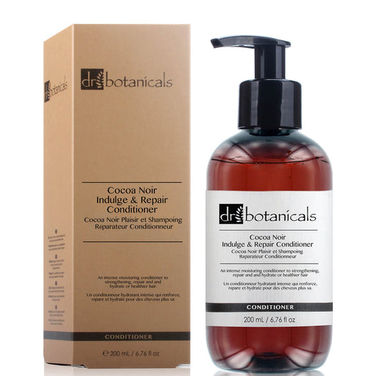 Dr Botanicals Cocoa Noir Indulge and Repair Conditioner 200ml vegan hair care bottle with black and gold label.