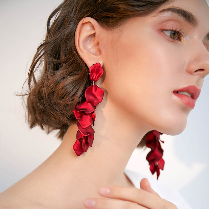 E1640 - Red Rose Petal Long Tassel Earrings